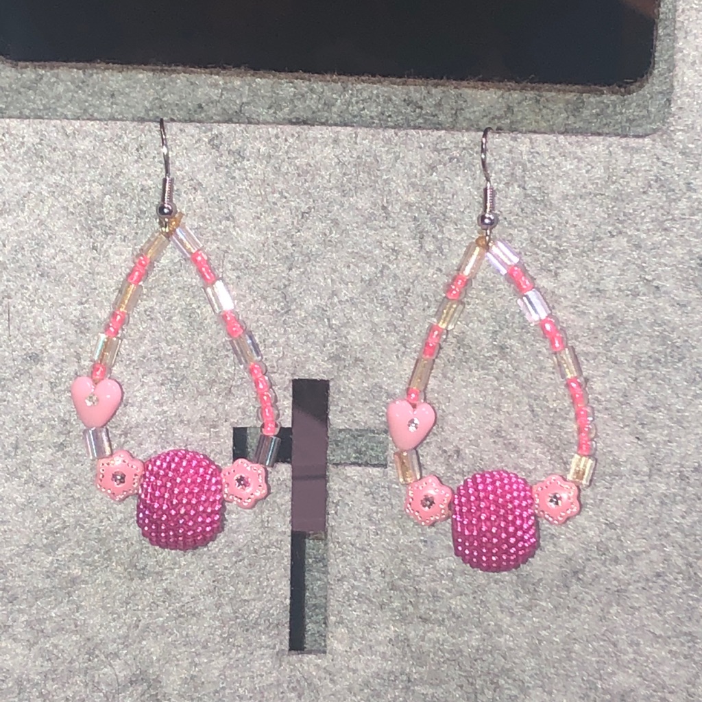 Pink Crystal Dangle Earrings Heart Flower New